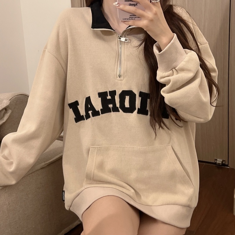 Áo thun polo ZHELIHANGFEI tay dài cổ có khóa kéo thêu họa tiết phong cách preppy thời trang cho nữ