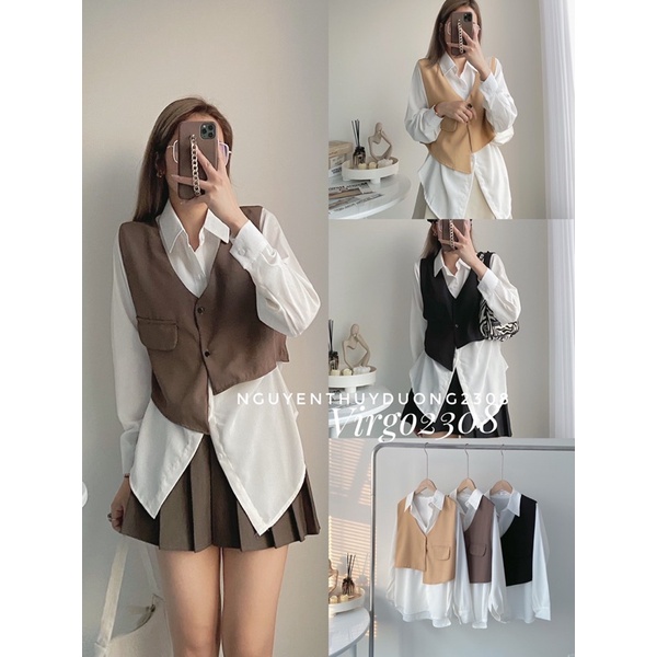 SET SƠMI MIX GILE TÚI NẮP LỆCH TÀ style Ulzzang