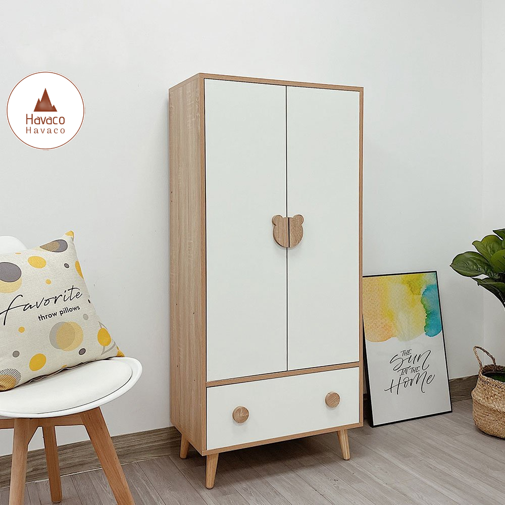 Tủ Treo Quần Áo Trẻ Em Chân Gỗ Sồi 3 Ngăn Tủ Để Đồ Gỗ Công Nghiệp