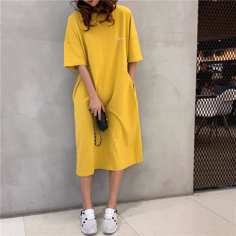 Đầm Thun Dài Qua Gối Có Túi Thời Trang Mùa Hè Hàn Quốc Dành Cho Nữ