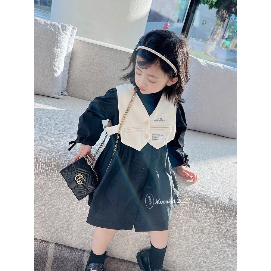 Váy bé gái Babydoll dài tay buộc nơ kèm áo gile 2 mầu Đen và Trắng XHN1052