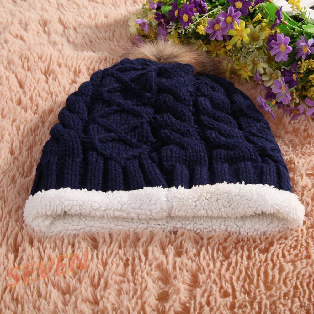 Mũ len đính quả bông thời trang mùa đông ấm áp màu xanh navy-99057.02