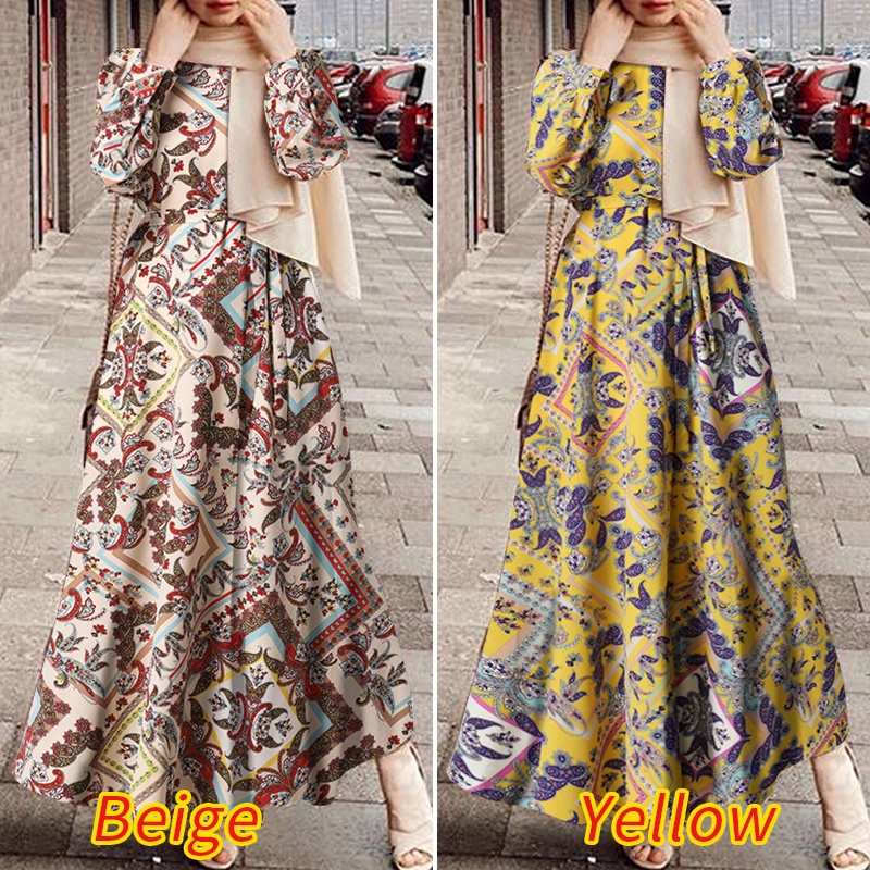 Đầm maxi Zanzea tay dài cổ tròn họa tiết hoa phong cách hồi giáo thời trang cho nữ