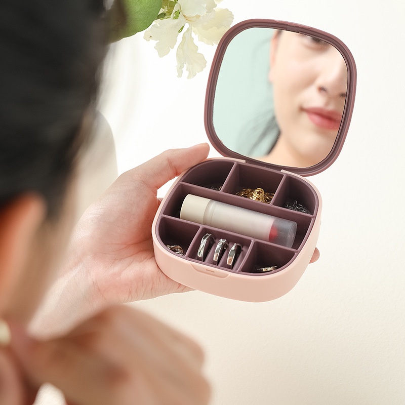 Hộp đựng đồ trang sức xách tay du lịch có gương cất bông tai vòng cổ son môi