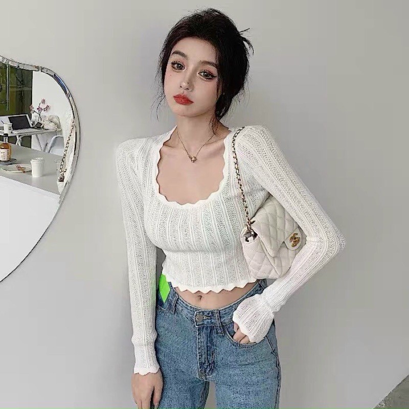 Áo croptop ren cổ vuông tay dài siêu hot mùa thu đông - B5N