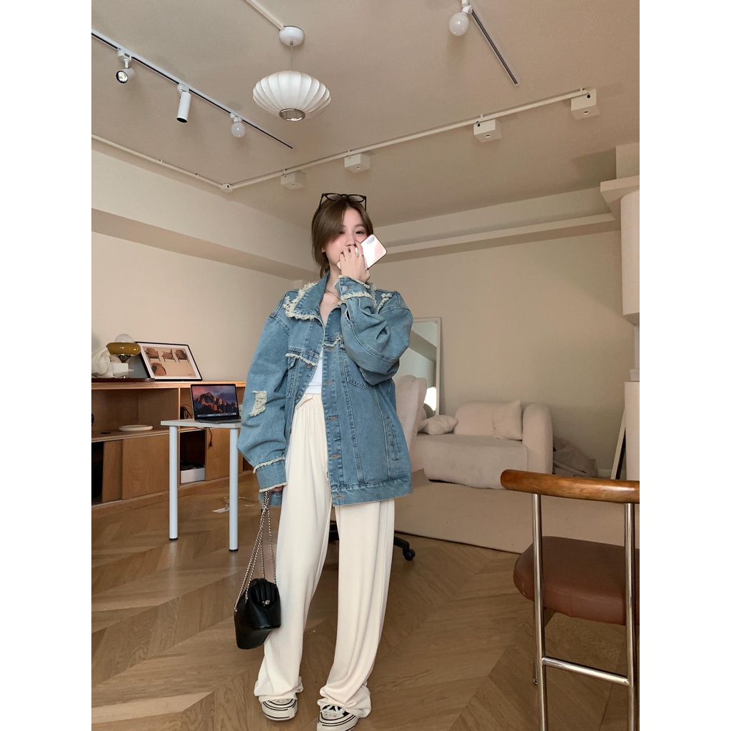 【ZHELIHANGFEI】Áo Khoác Denim Dáng Rộng Phối Tua Rua Kiểu Vintage Cá Tính