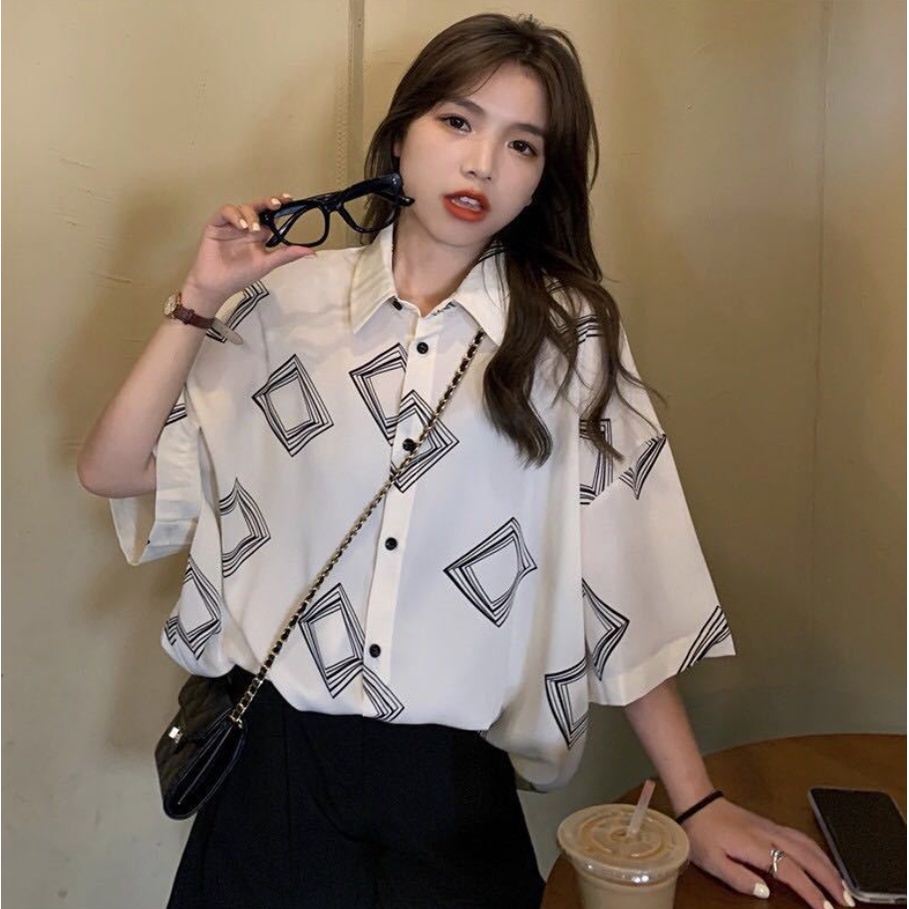 Áo sơ mi nữ kiểu form rộng tay lỡ Vanessa Stylish chất liệu đũi trơn mịn mát in hình Ô Vuông Đen Trắng SMH.40