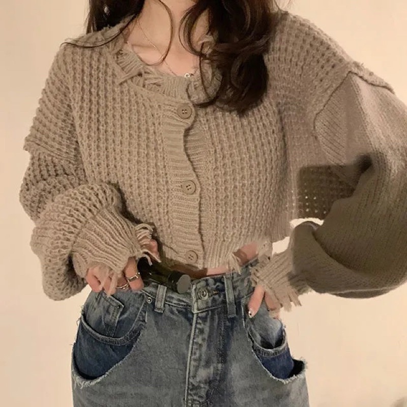 Áo Cardigan Len Croptop Dài Tay Màu Đen Be Ghi Cổ Tròn Cài Cúc, Áo Len Thu Đông Tua Gấu Phong Cách Hàn Quốc Cá Tính