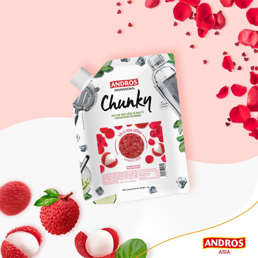 ANDROS - CHUNKY Vải &amp; Hoa hồng (Lychee &amp; Rose) - Nguyên liệu pha chế - Mứt Trái Cây -  Túi 1 kg