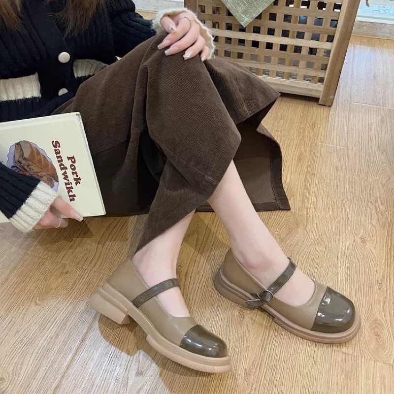 Giày búp bê dây cài da bóng, giày búp bê lolita đế cao 3p