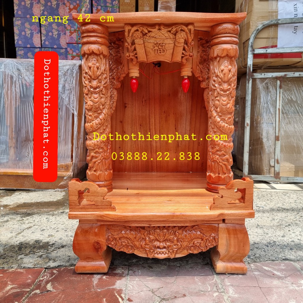 Bàn thờ thần tài thổ địa gỗ xoan ngang 42 cm mẫu mới rất đẹp