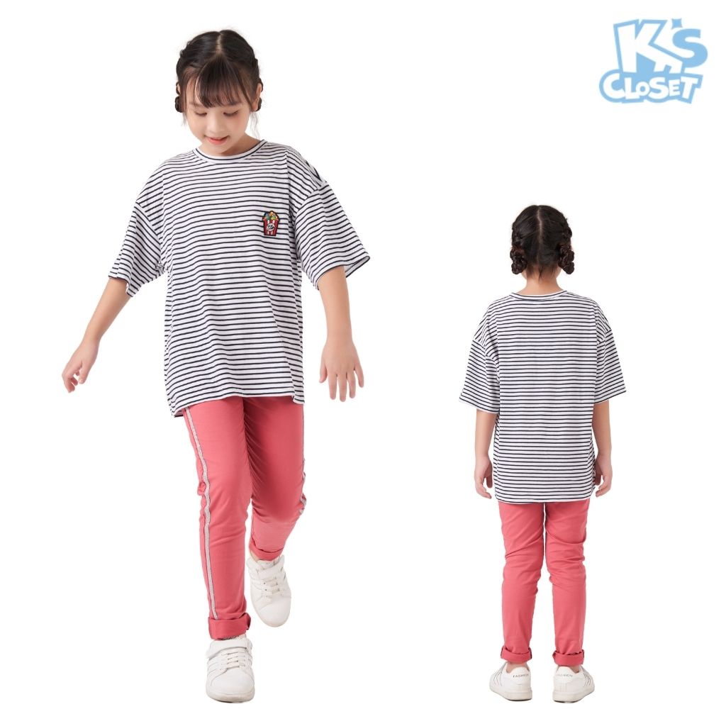 Áo phông cộc tay trẻ em K'S CLOSET sọc kẻ ngang, có hoạ tiết hình nổi trước ngực KT68TWS