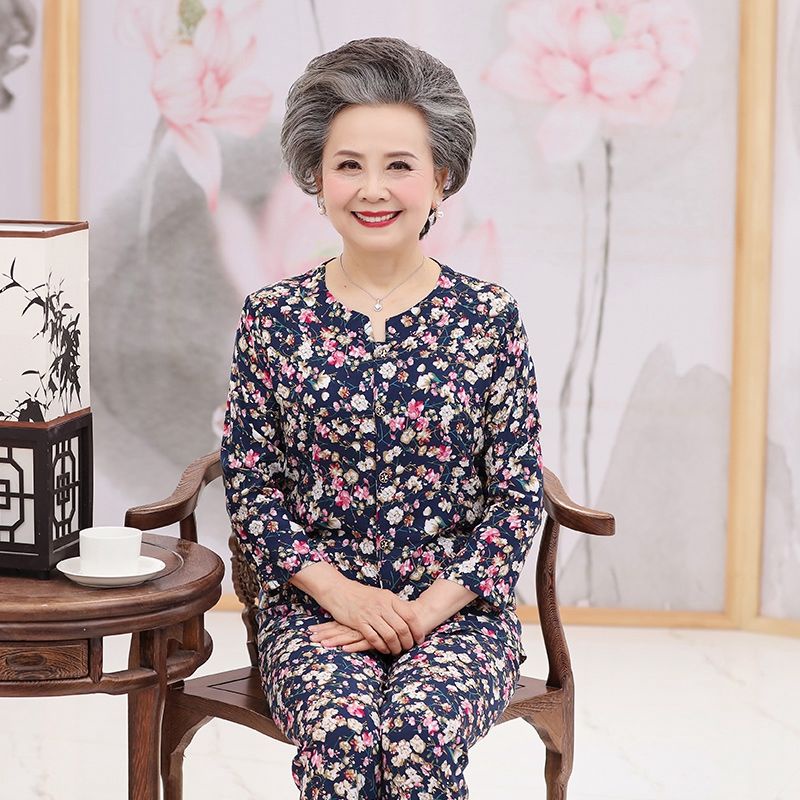 Bộ đồ ngủ dành cho người trung niên và cao tuổi của phụ nữ cotton lụa dài tay cho mẹ và bà ở nhà mùa phục vụ bộ đồ rayon | BigBuy360 - bigbuy360.vn