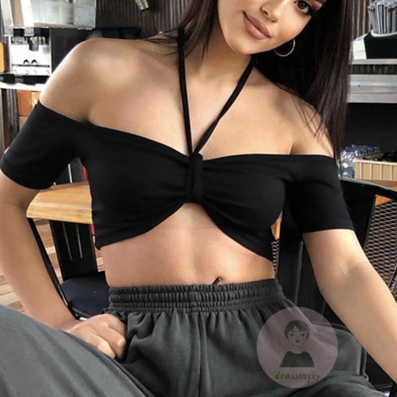 Áo Croptop Tay Ngắn Hở Vai Màu Sắc Trơn Dành Cho Nữ