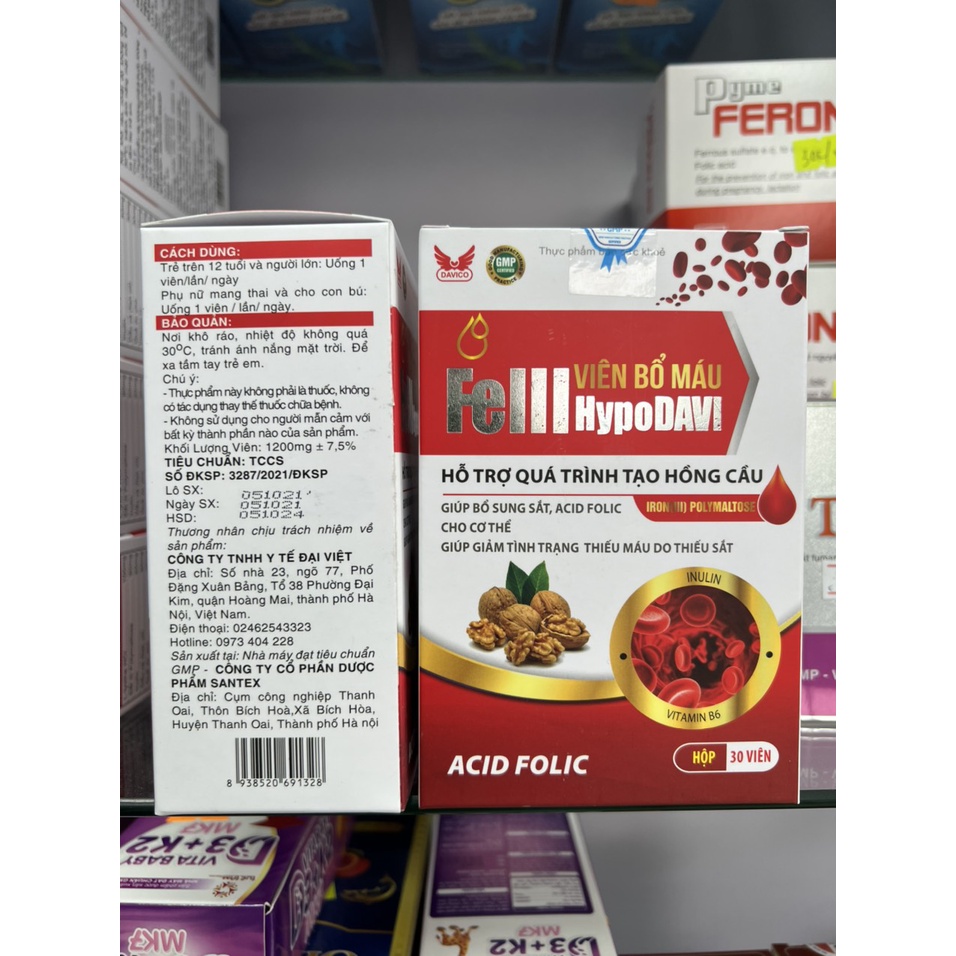 Viên Uống Viên Bổ Máu FELLL HYPO Davi Hỗ Trợ Quá Trình Tái Tạo Hồng Cầu Bổ Sung Sắt Cho Cơ Thể