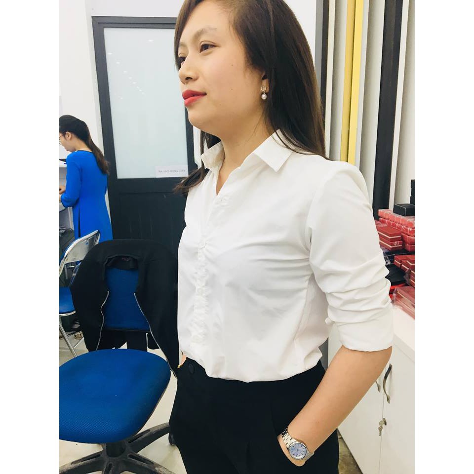 Áo sơ mi nữ trắng tay dài với phong cách thời trang công sở chất vải somi lụa trơn mềm mịn, không nhăn