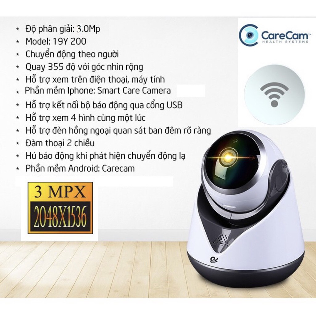 Camera ip, Camera wifi Trong Nhà CareCam 3.0MPX Full HD 1296P, Đàm thoại 2 chiều.