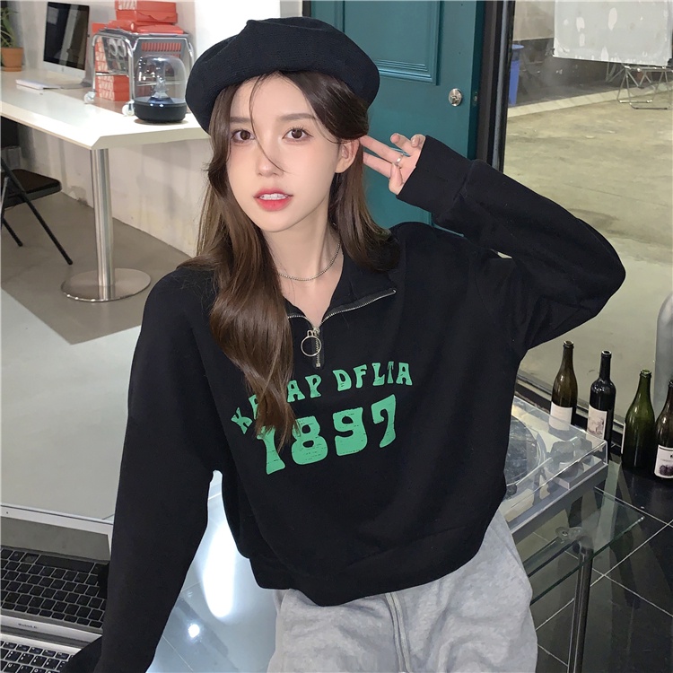 Áo Khoác Nữ Cổ Polo Có Dây Kéo In Chữ Mùa Thu Mới