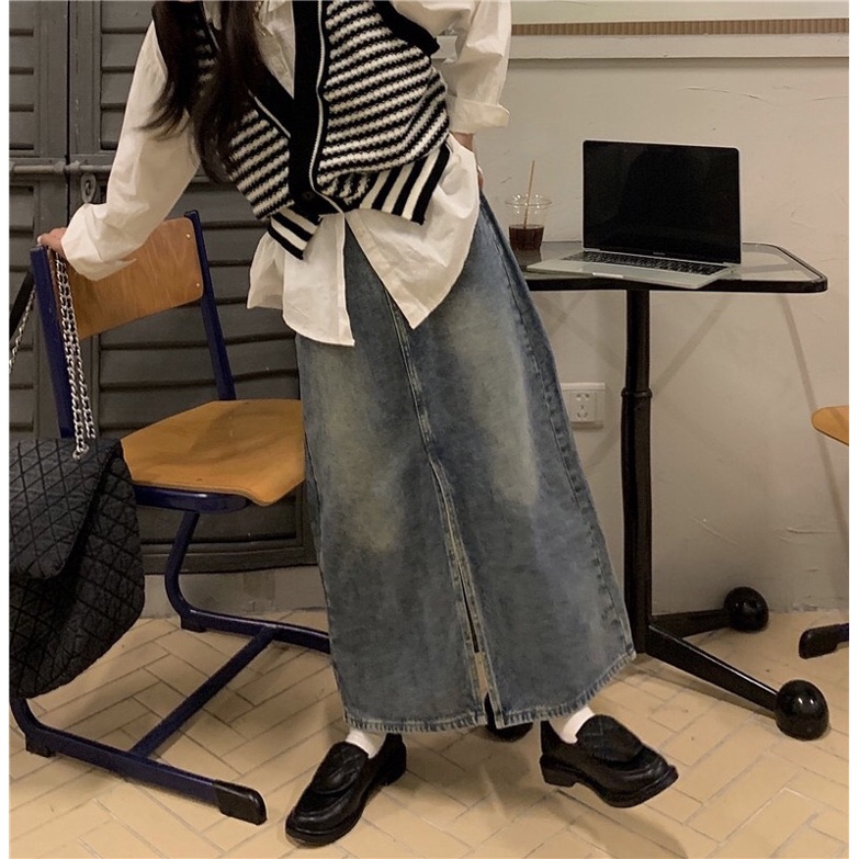 Chân váy jean xẻ retro mẫu mới 2021 dành cho nữ Peneeconcept