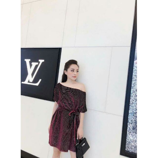 Sỉ Đầm cho người mập chất nhung lệch vai big size đính đá kèm dây đai