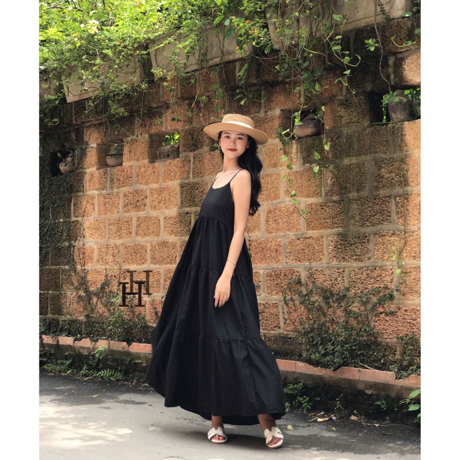 Đầm babydoll hai dây dáng dài màu trắng &amp; đen HDC90 Hỉn Hỉn Store