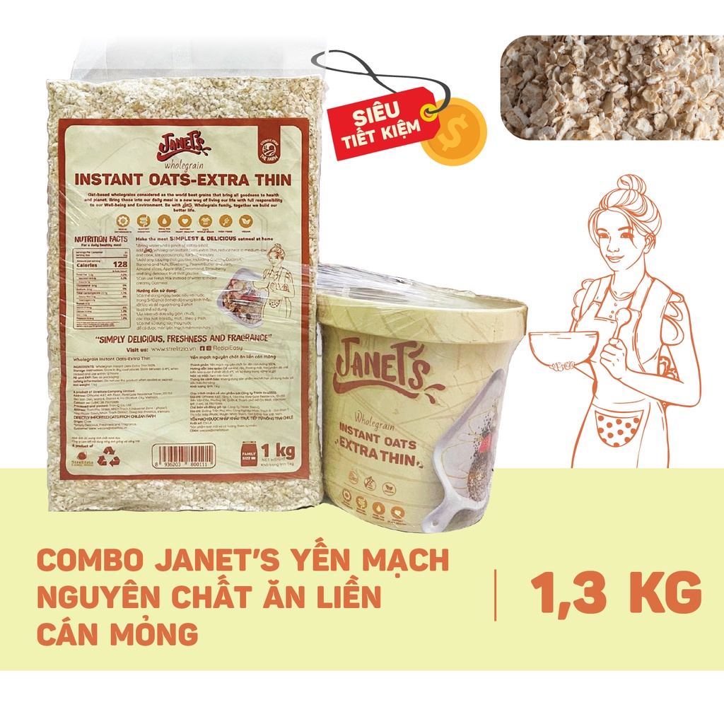 [Tặng 01 hộp Yến mạch nguyên chất ăn liền cán mỏng Janet's 300g] Yến mạch nguyên chất ăn liền cán mỏng Janet's 1kg