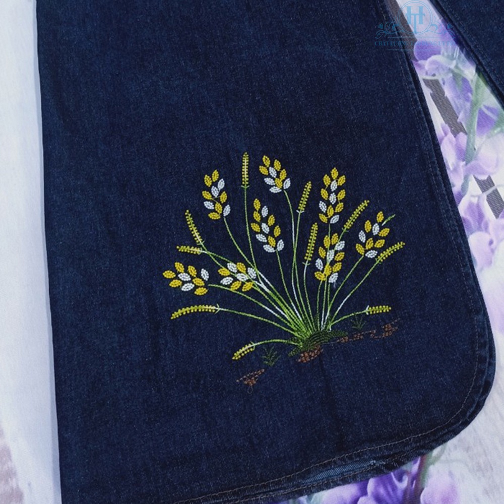 Váy Chống Nắng Dài Dạng Xòe Cho Nữ Vải Jean Cotton Dày Mềm Có Nút Bấm Chắc Chắn Thêu Bông Lúa H&amp;T Fashion
