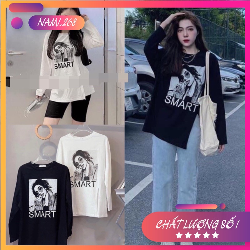 Áo Thun Tay Dài In Hình Form  Rộng Nữ - Sweater Trơn Cổ Tròn Oversize Dáng Suông Ulzzang HOT