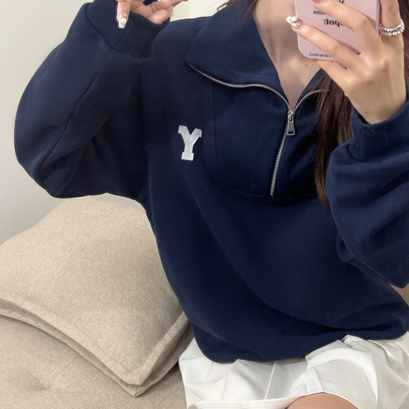 ZHELIHANGFEI Áo Thun POLO Tay Dài Có Dây Kéo Với Họa Tiết Thêu Theo Phong Cách Preppy Hợp Thời Trang