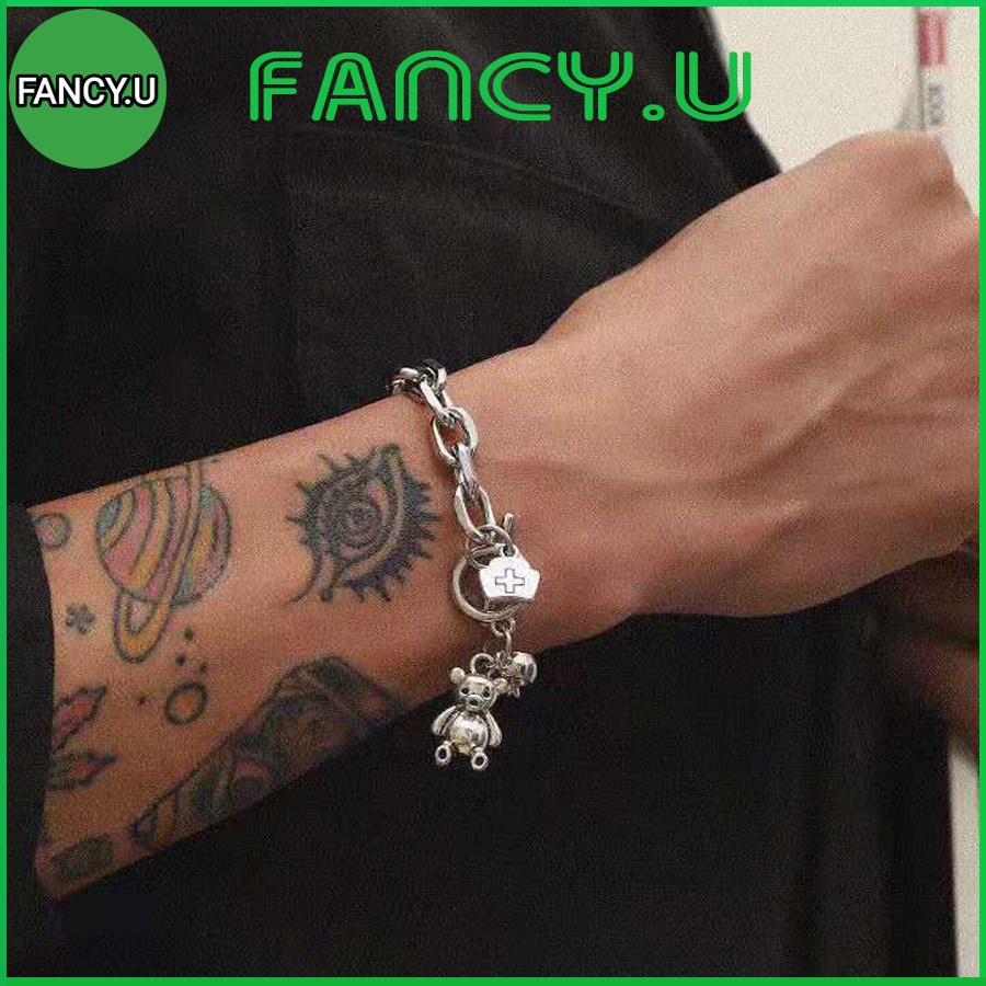 Lắc Tay Vòng Tay UNISEX Nam Nữ Kiểu Gài Gắn Chú Gấu Kim Koại Dây To Bản Chắc Chắn Cá Tính Màu Bạc Sáng Thời Trang VT-44