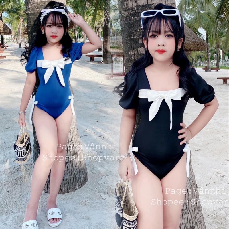 Bikini , đồ bơi liền thân nơ trắng bé gái