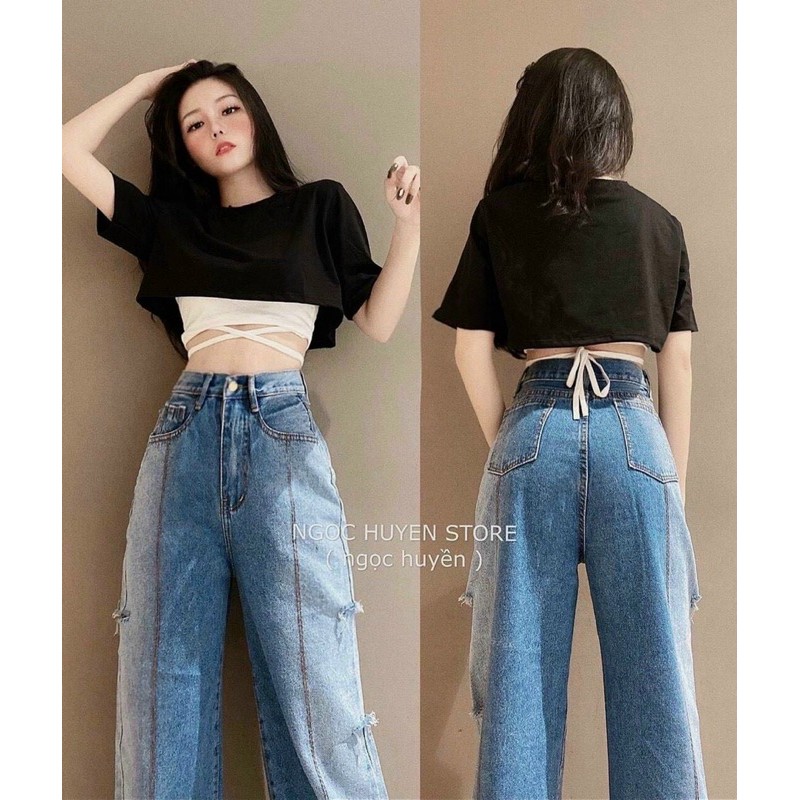 set áo croptop phối áo hai dây đan bụng cá tính