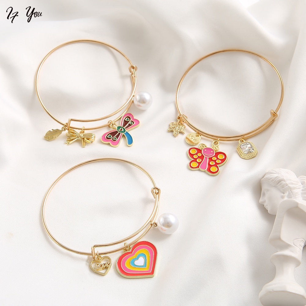 Vòng đeo tay AY vàng mặt hình chuồn chuồn/ trái tim dễ thương có thể điều chỉnh thời trang cho nữ