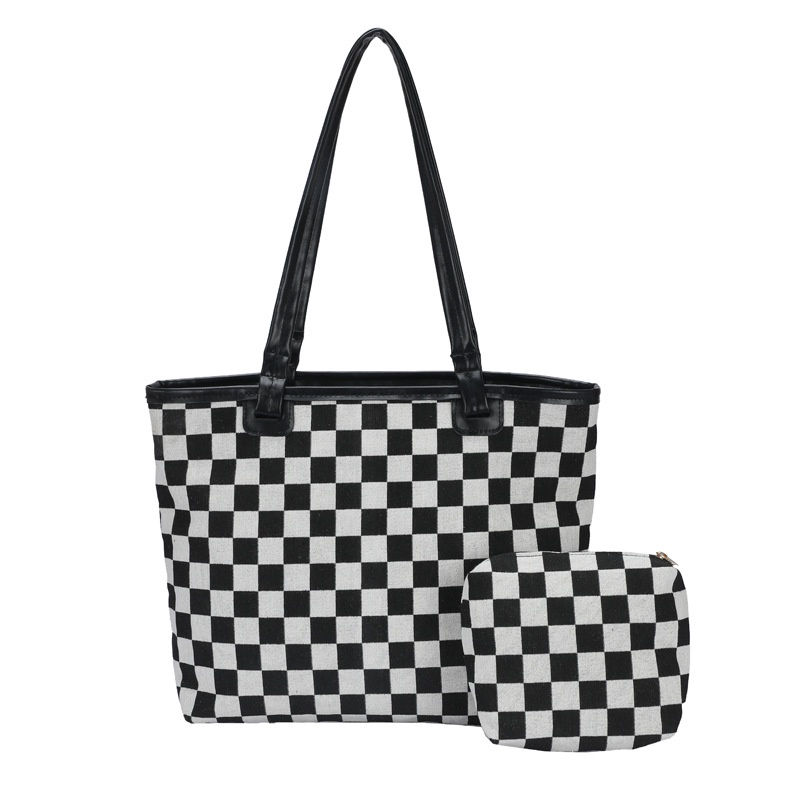 Túi xách IELGY bằng canvas sức chứa lớn họa tiết sọc caro trắng đen đơn giản dành cho nữ