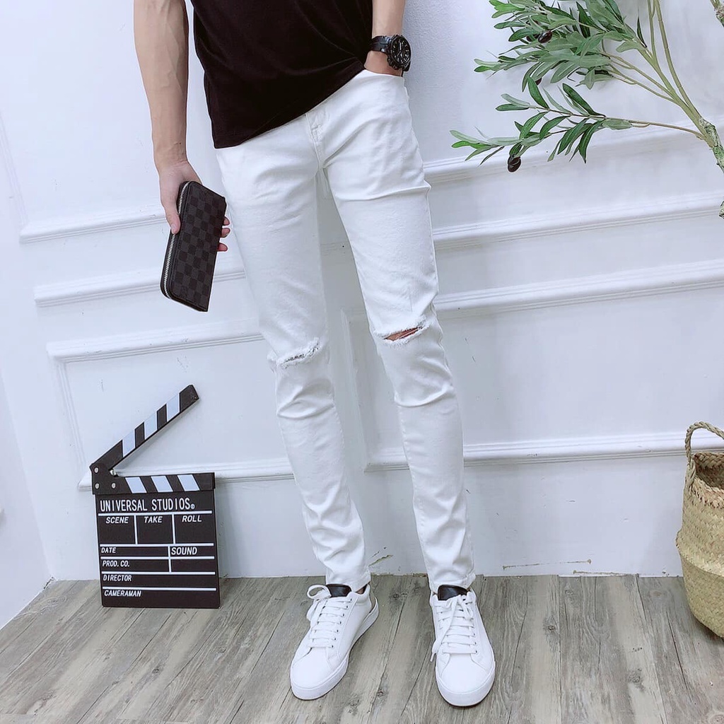 Quần jean nam ống ôm màu trắng rách gối chất bò co giãn bốn chiều thời trang cao cấp NEWSHOP702