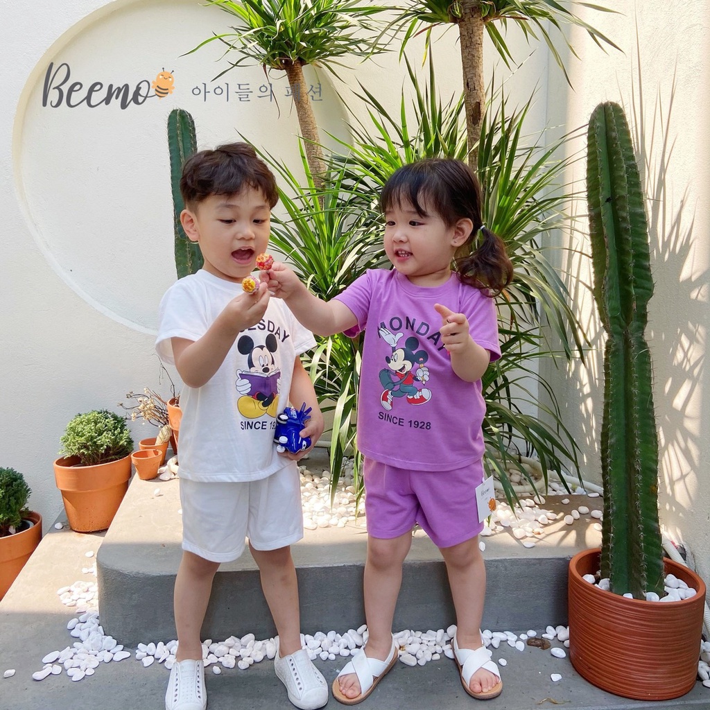 Bộ cotton unisex cho bé, bộ thun mềm mát in hoạ tiết micky vải cotton mềm