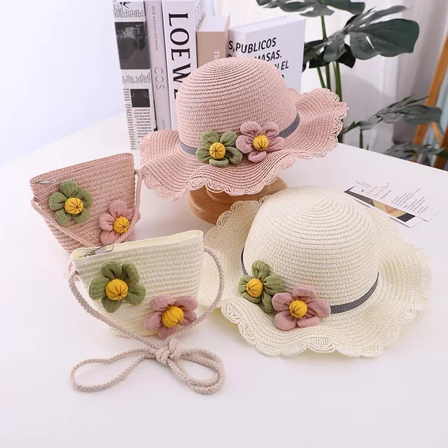 (Bán Buôn Sỉ) Mũ cói kèm túi đính hoa cho bé T2