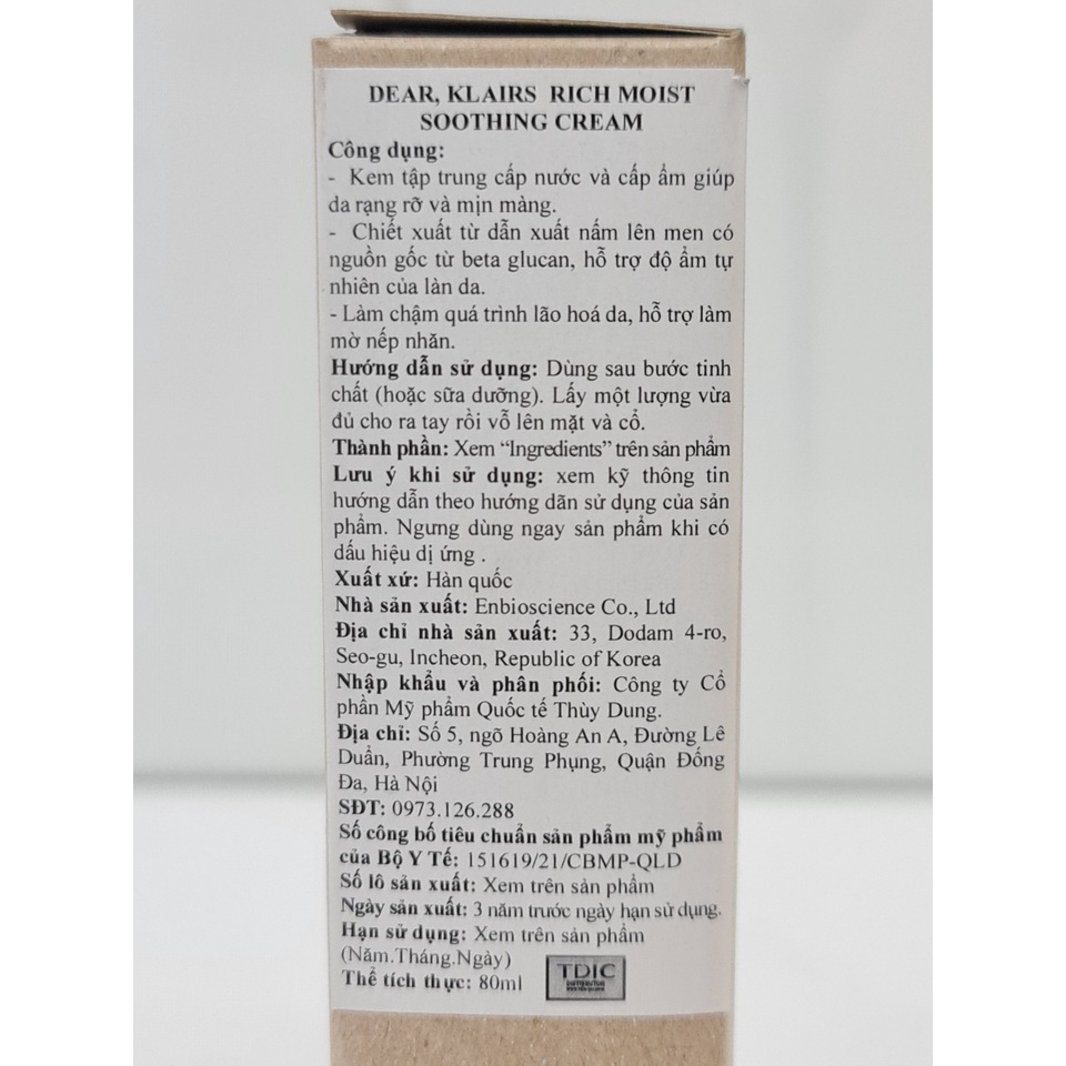 Kem Dưỡng Ẩm Dành Cho Da Khô Mất Nước Dear Klairs Rich Moist Soothing Cream 80ml Hàn Quốc
