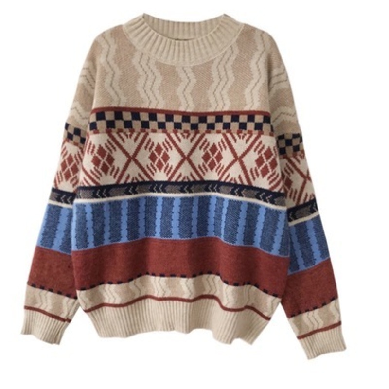 Áo Sweater Tay Dài Màu Sắc Tương Phản Phong Cách Hàn Quốc 182063 Áo Len Cổ Tròn Form Rộng Kiểu Dáng Retro Hợp Thời Trang