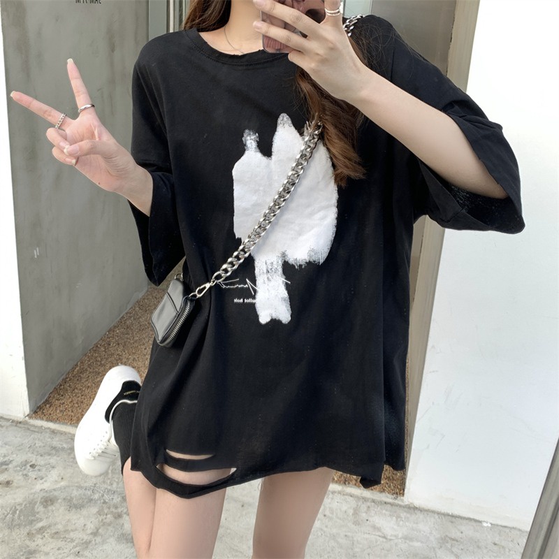 Áo thun ZHELIHANGFEI tay ngắn dáng rộng in họa tiết thời trang mùa hè cho nữ