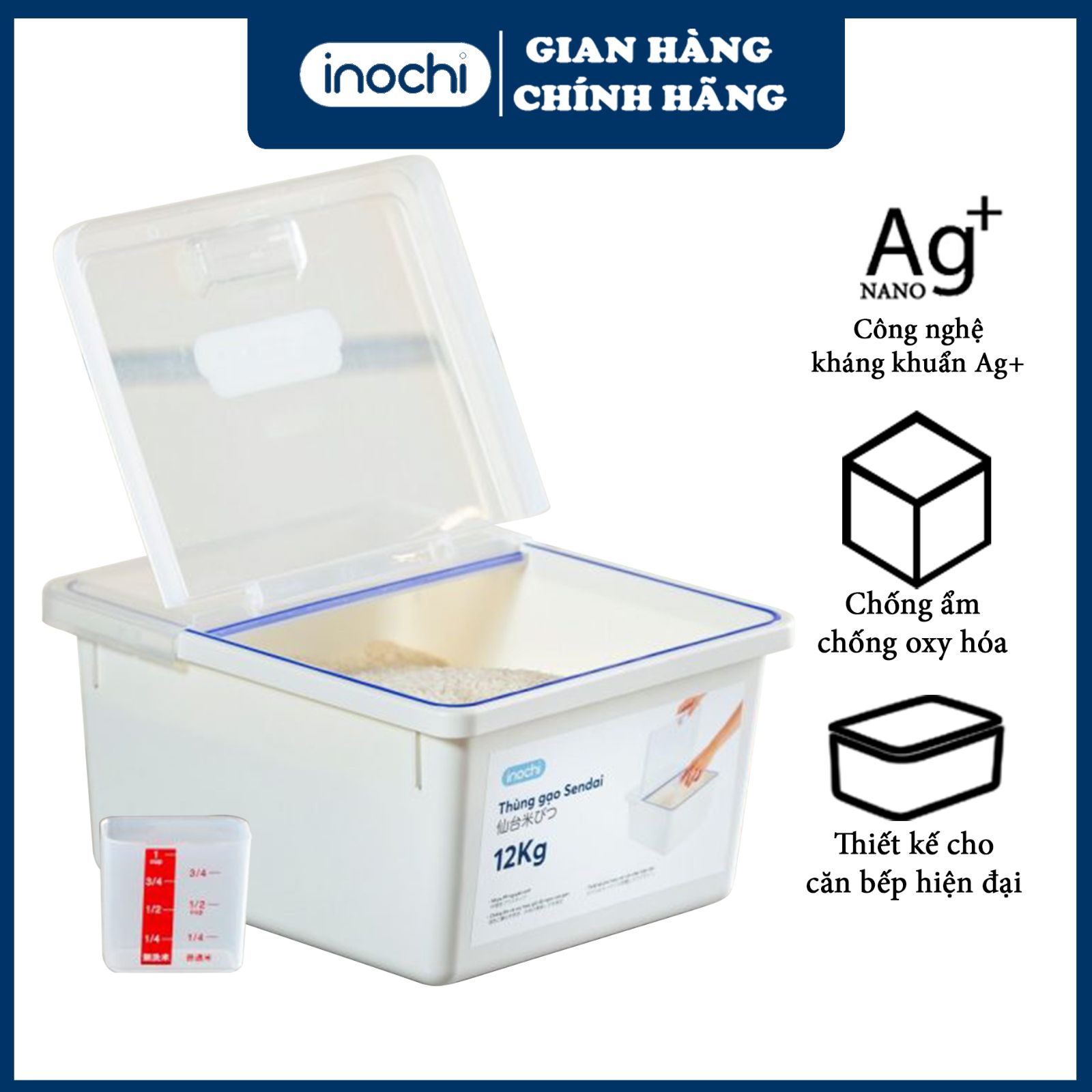 Thùng đựng gạo đa năng - Sendai - INOCHI 12 KG - Nhựa Kín Kháng Khuẩn - Chống Ẩm - Thông Minh Đạt Tiêu Chuẩn Nhật Bản