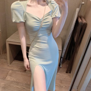 (ORDER) Váy thun dáng dài cổ vuông dúm ngực ôm body xẻ tà sexy quyến rũ sang chảnh (MẪU MỚI 2020)