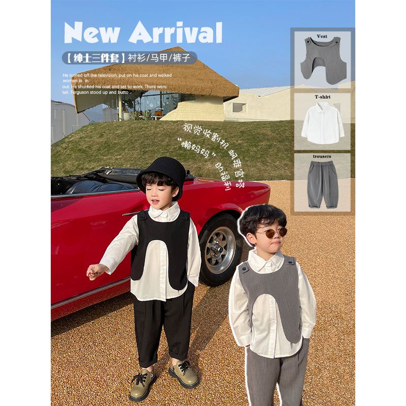 Bộ Áo Sơ Mi Tay Dài + Áo Vest + Quần Dài Thời Trang Xuân Thu Cho Bé Trai 0819