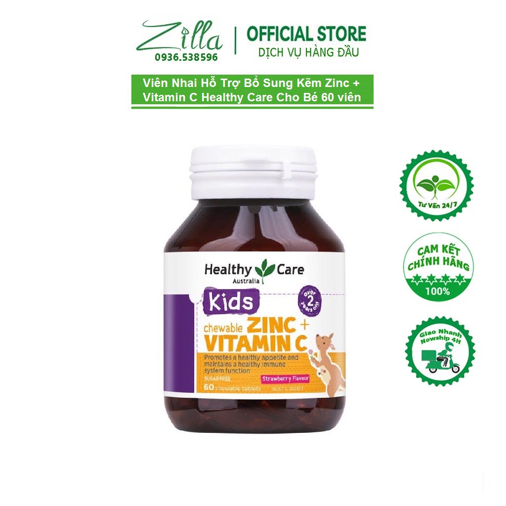 Viên Nhai Hỗ Trợ Bổ Sung Kẽm Zinc + Vitamin C Healthy Care Cho Bé, 60 viên