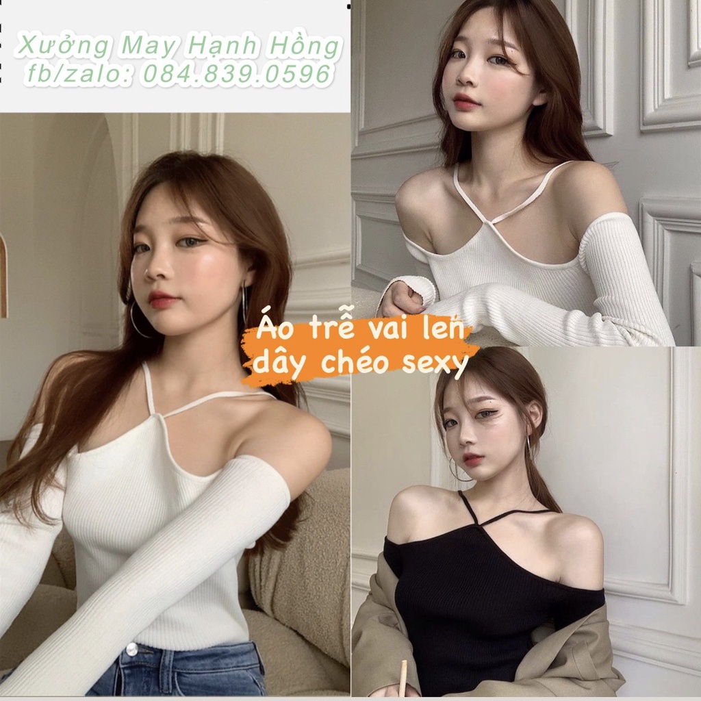 Áo croptop dây chéo trễ vai hàng Quảng Châu, Áo croptop sexy kiểu dáng Hàn Quốc