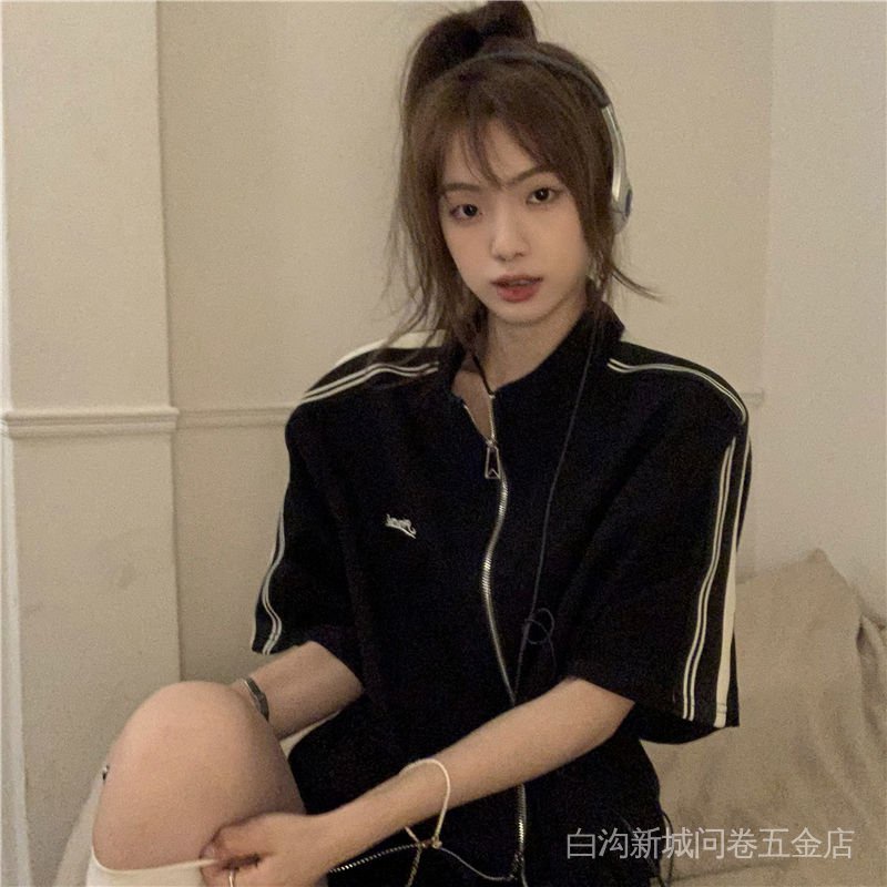 Áo Khoác Cardigan Ngắn Tay Cổ Đứng Dáng Ôm Họa Tiết Kẻ Sọc Màu Đen Phối Khóa Kéo Thời Trang Mùa Hè Cho Nữ