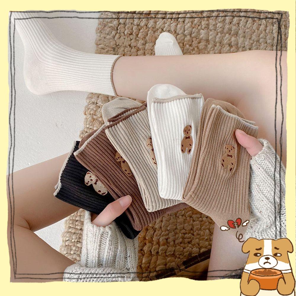 Tất cotton ống cao thoáng khí thấm hút mồ hôi in hình gấu ngọt ngào thời trang dành cho nữ