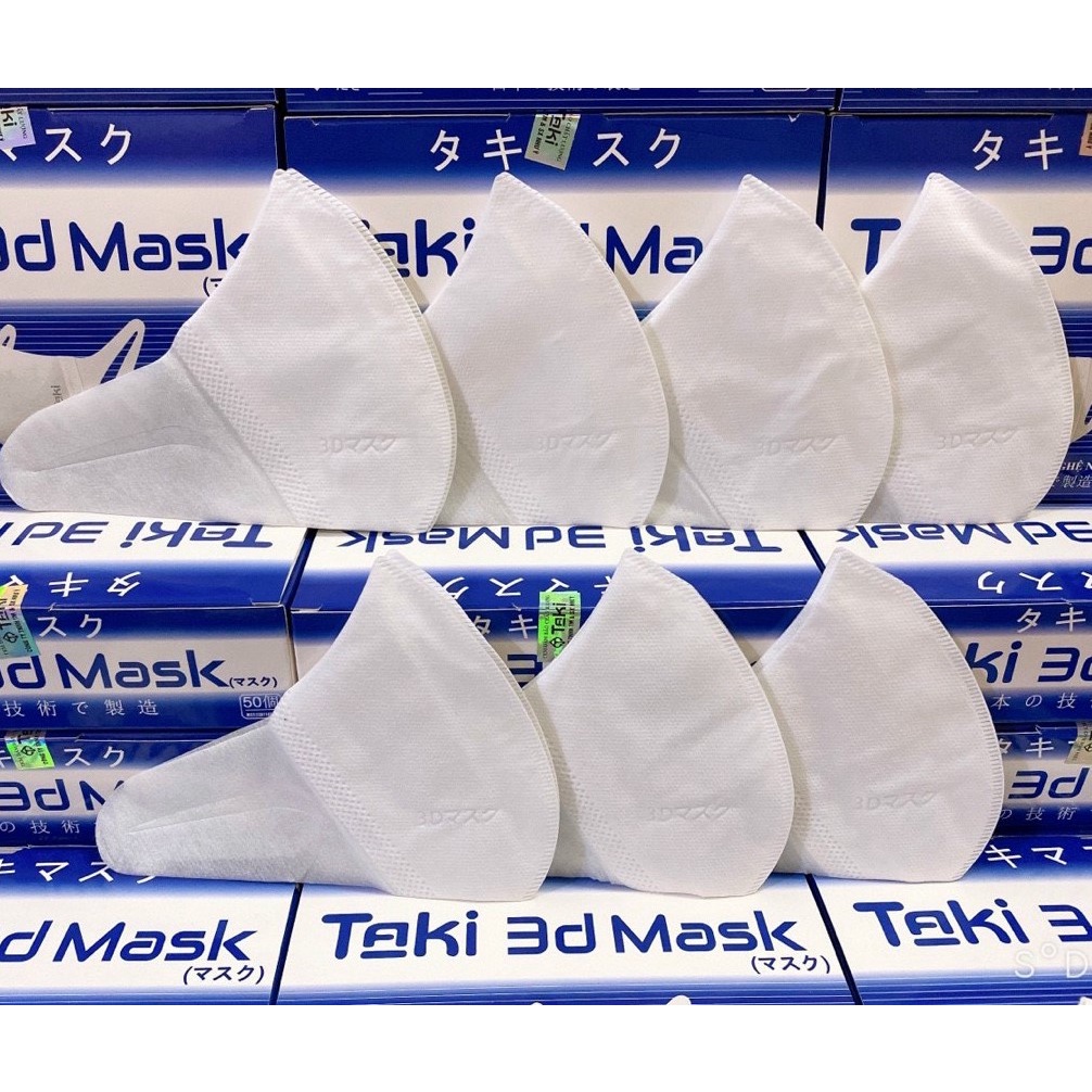 Khẩu trang 3d mask Taki hộp 50 cái kháng khuẩn, có logo tem niêm phong, chống bụi mịn công nghệ dập Nhật Bản form ôm mặt