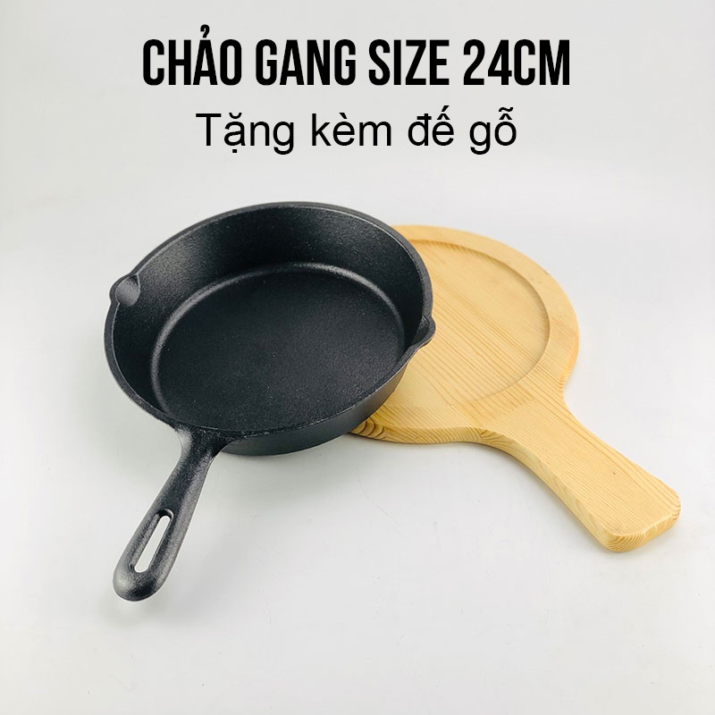 Chảo Gang Đúc Chảo Gang Truyền Thống Nguyên Khối Size 24 Kèm Đế Gỗ Chống Dính Tự Nhiên Dùng Được Bếp Từ