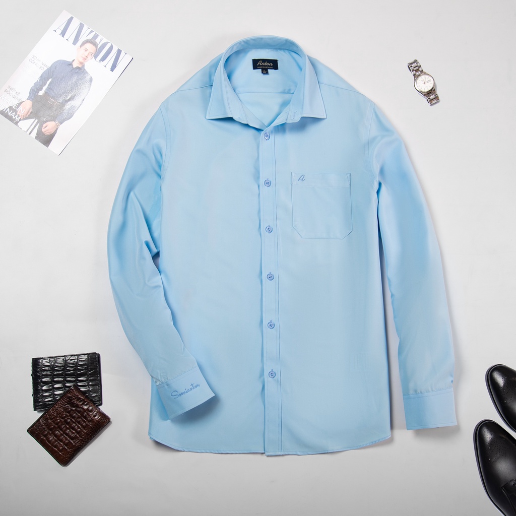 Áo Sơ Mi Nam Công Sở Trung Niên Thương Hiệu Anton Xanh Dương Dài Tay Vải Cotton Co Dãn, Thấm Hút - XA14